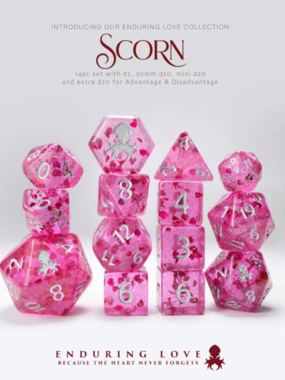 Kraken Dice - Scorn - Red with Red Hearts 14pc Limited Edition Dice Set Scorn